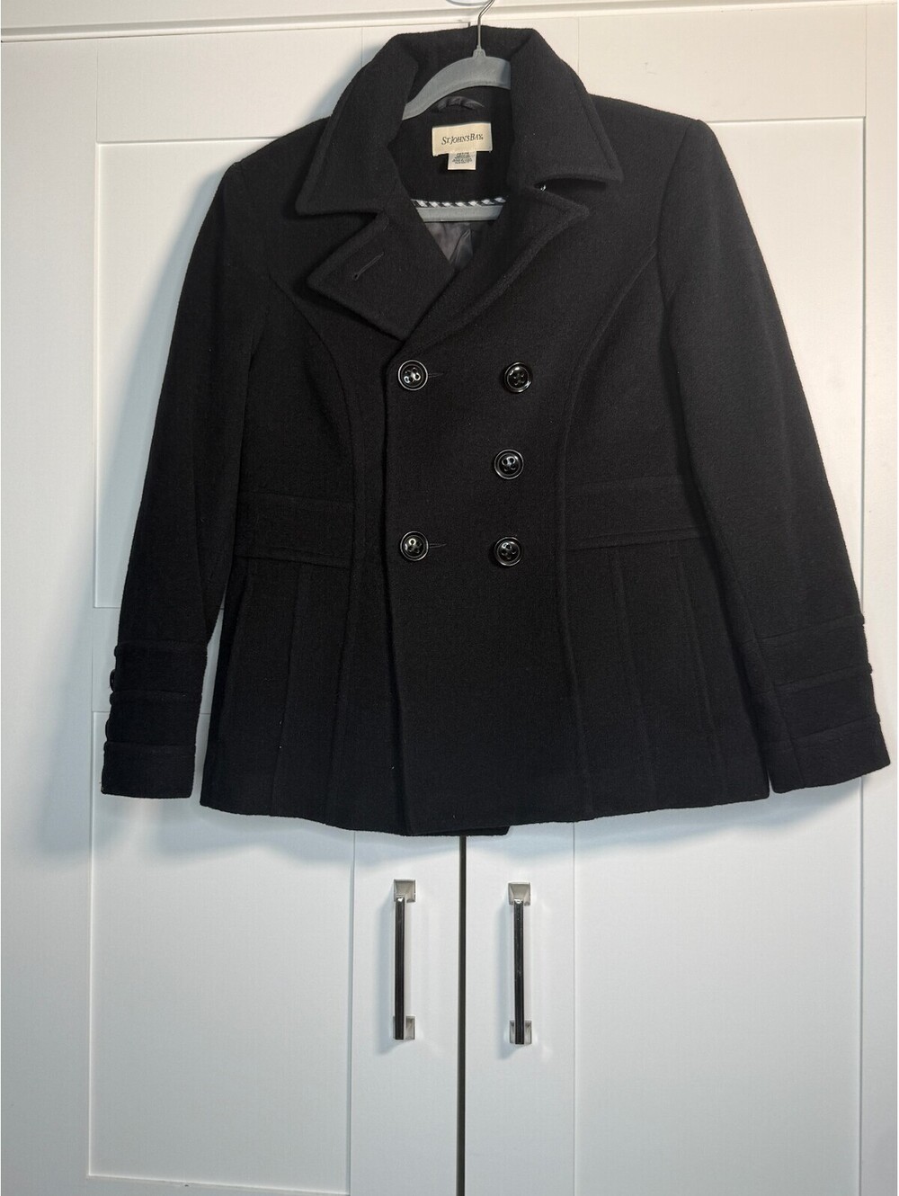 St. John’s Bay Women’s Black Double Breasted Peacoat Pleated Wool Blend